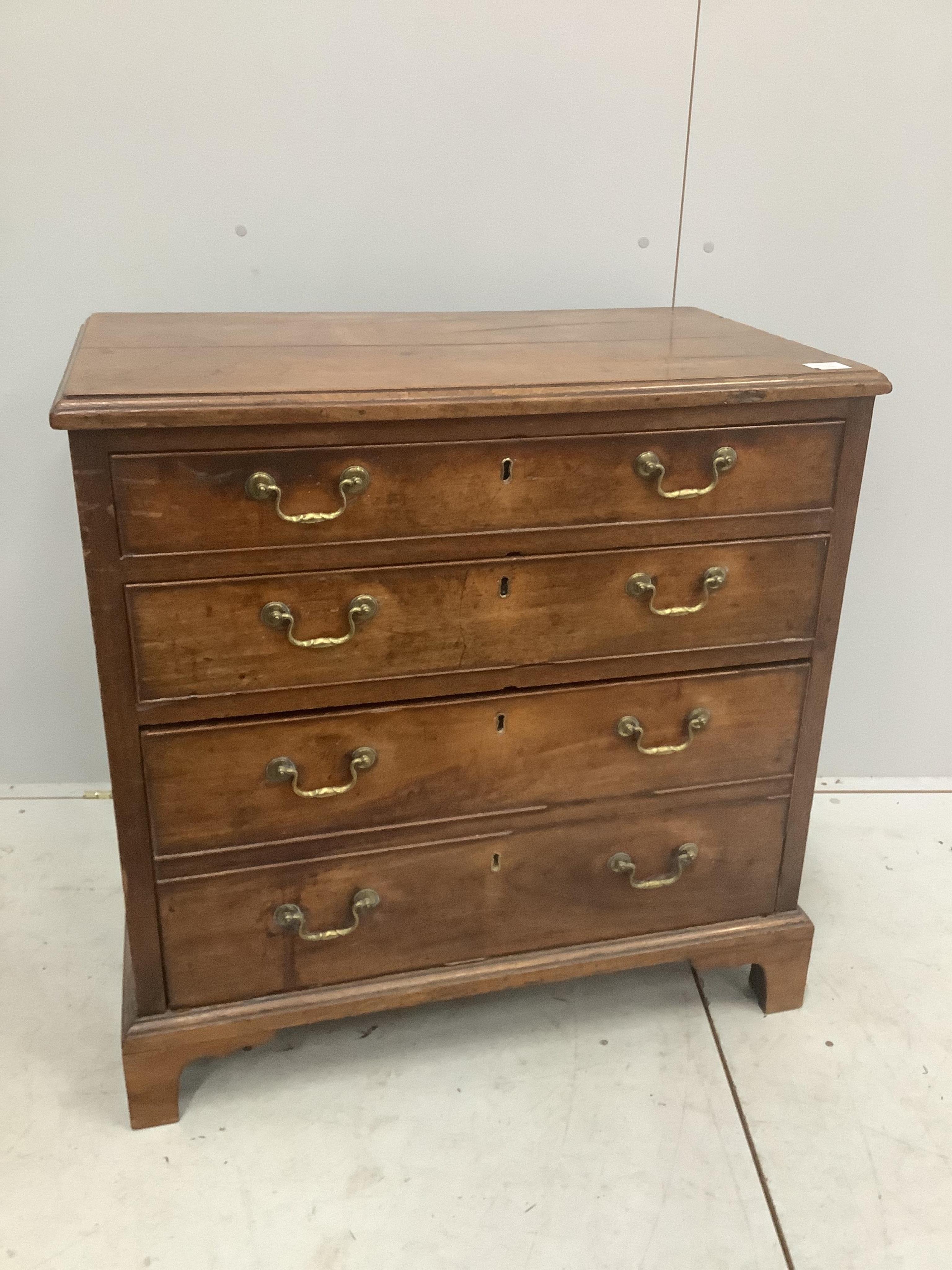 A George III mahogany four drawer chest, width 82cm, depth 48cm, height 82cm. Condition - poor to fair